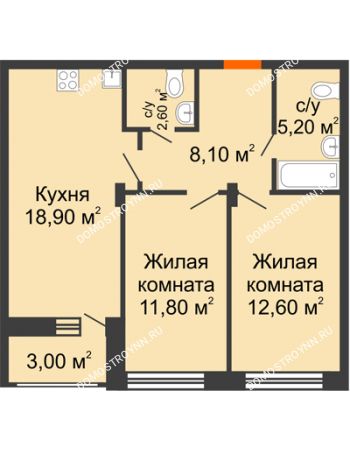 2 комнатная квартира 60,7 м² в ЖК Заречье, дом № 6