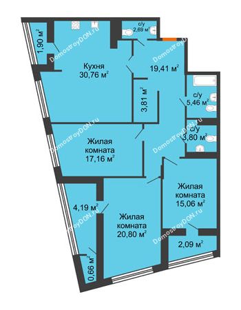 3 комнатная квартира 128,13 м² в Микрорайон Красный Аксай, дом Литер 21