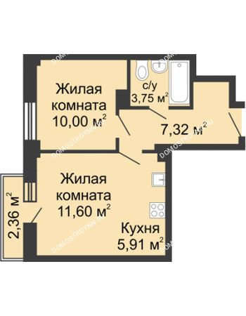2 комнатная квартира 39,28 м² - ЖК Каскад на Волжской
