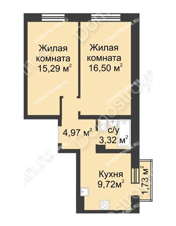 2 комнатная квартира 50,32 м² в ЖК Солнечный, дом № 161 А/1