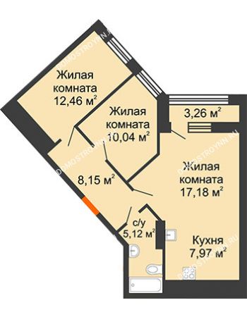 2 комнатная квартира 62,55 м² в ЖК Дом на Набережной, дом № 1