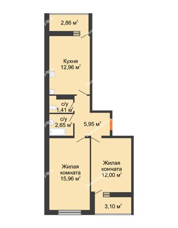 2 комнатная квартира 54,14 м² в ЖК Славянка, дом Литер 2