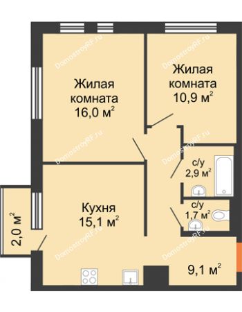 2 комнатная квартира 56,3 м² в ЖК Озерный парк, дом Корпус 1Б