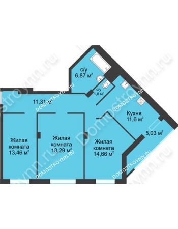3 комнатная квартира 83,02 м² в ЖК На Вятской, дом № 3 (по генплану)