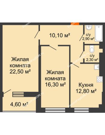 2 комнатная квартира 68,31 м² в ЖК Сокол Градъ, дом Литер 3 (6)