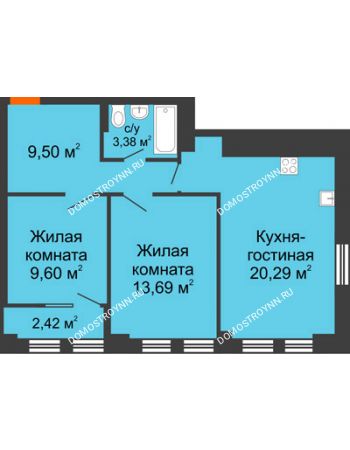 3 комнатная квартира 64,79 м² в ЖК Каскад на Менделеева, дом № 1