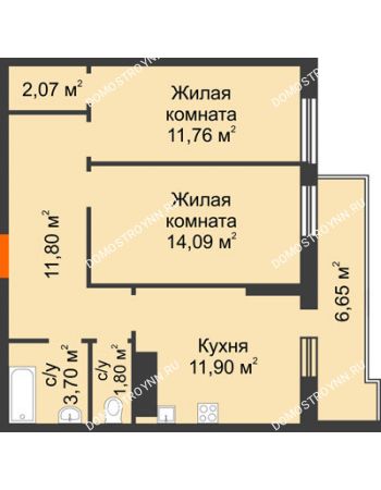 2 комнатная квартира 60,45 м² в ЖК Циолковский, дом № 2