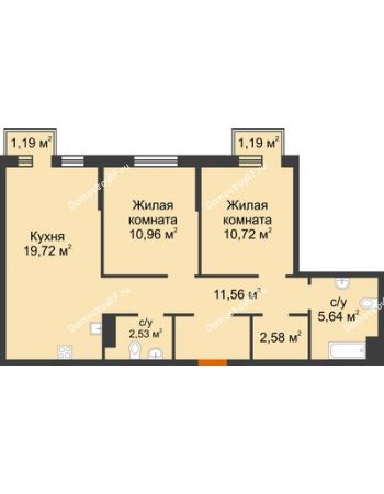 3 комнатная квартира 66,09 м² в ЖК Сердце Сибири, дом № 76, квартал Геологов (ГП-2)