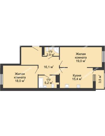 2 комнатная квартира 78,45 м² в ЖК Сердце Нижнего, дом № 35