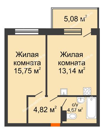 2 комнатная квартира 46,38 м² в ЖК Гвардейский 3.0, дом Секция 2
