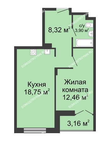 1 комнатная квартира 45,01 м² в ЖК Клевер, дом № 2
