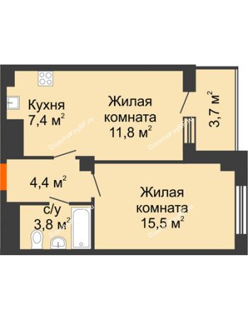 2 комнатная квартира 44,8 м² в ЖК Времена года, дом № 1