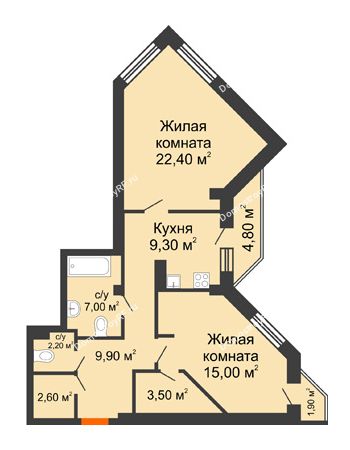 2 комнатная квартира 76,7 м² в ЖК Архиерейская роща, дом № 54б