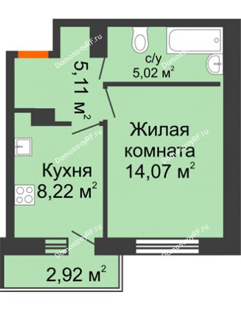1 комнатная квартира 33,88 м² в ЖК Пароход, дом Секция 1