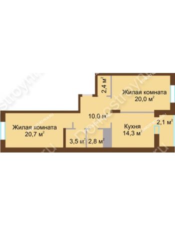 2 комнатная квартира 75,8 м² в ЖК Монолит, дом № 89, корп. 1, 2