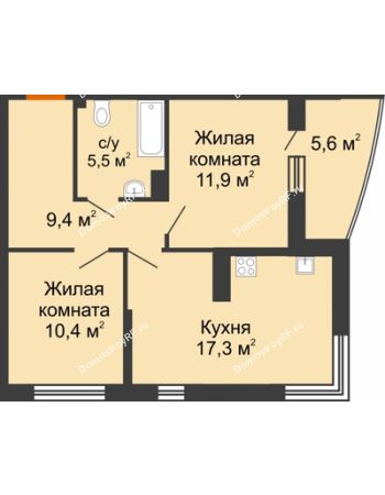 2 комнатная квартира 57,3 м² в ЖК Самолет, дом 4 очередь - Литер 22