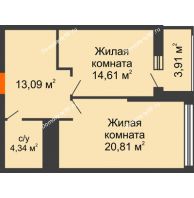 2 комнатная квартира 54,8 м² в ЖК Столичный, дом корпус А, блок-секция 1,2,3 - планировка