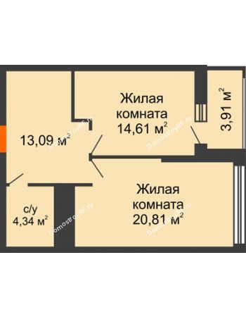 2 комнатная квартира 54,8 м² в ЖК Столичный, дом корпус А, блок-секция 1,2,3